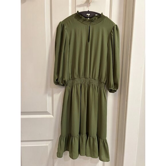 Nanette Lepore Olive Green Puff Sleeve Smocked Waist Ruffle Hem Dress Size 2 - Picture 1 of 6